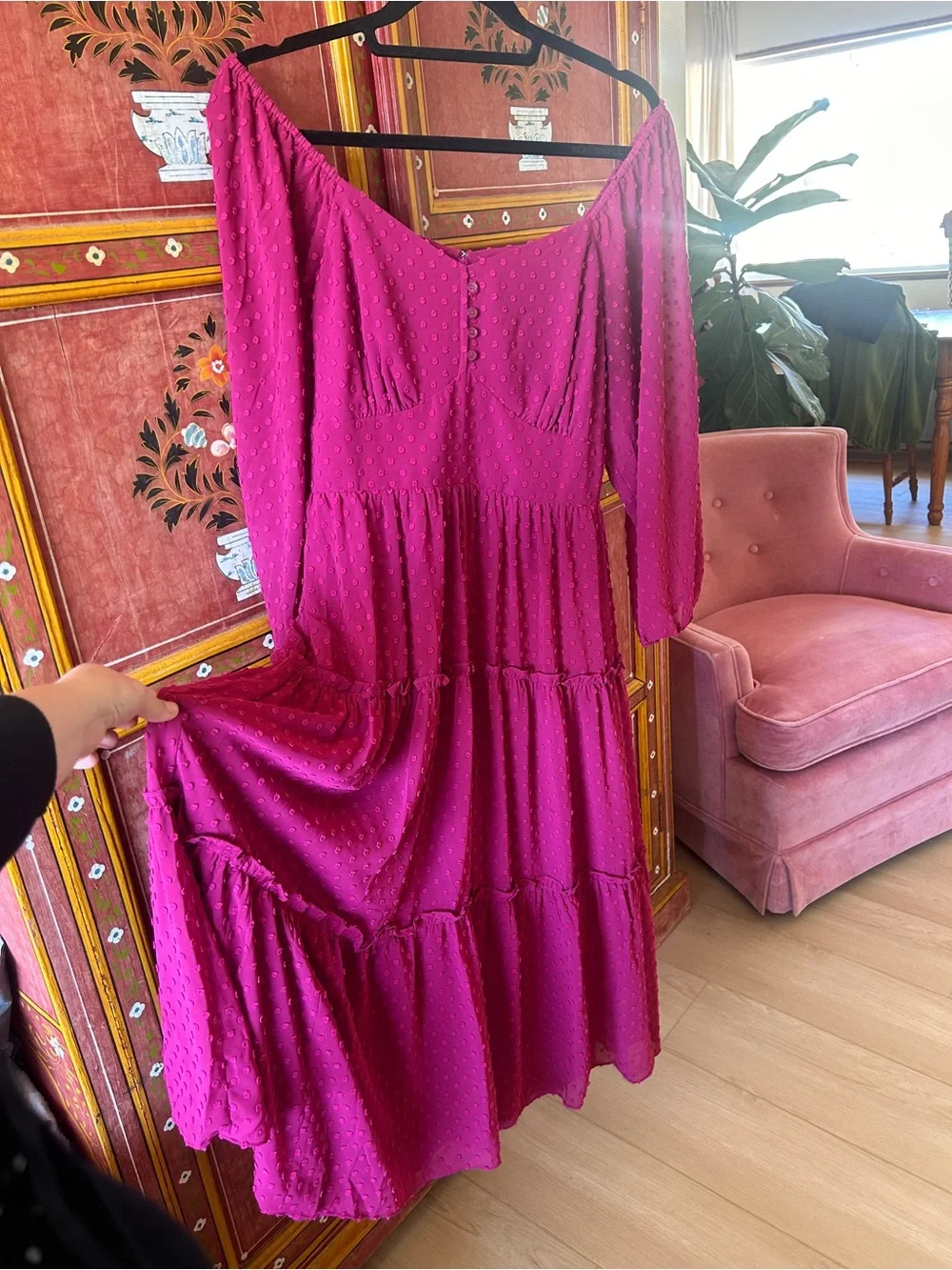 J. Crew Magenta Off-Shoulder Tiered Maxi Dress